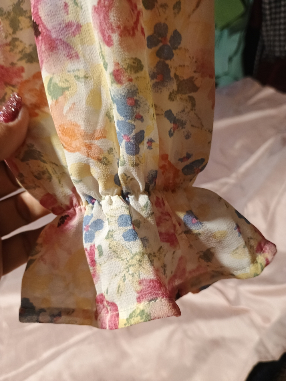 privy Floral Ruffle Cuff Jacket in Cream with Pink, Blue & Yellow Accents